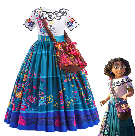 Girls Encanto Costume Mirabel Cosplay Short Sleeves Floral Dress with Bag for Kids