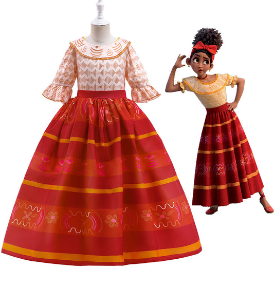 Girls Encanto Costume Dolores Cosplay Short Trumpet Sleeves Orange Dress for Kids