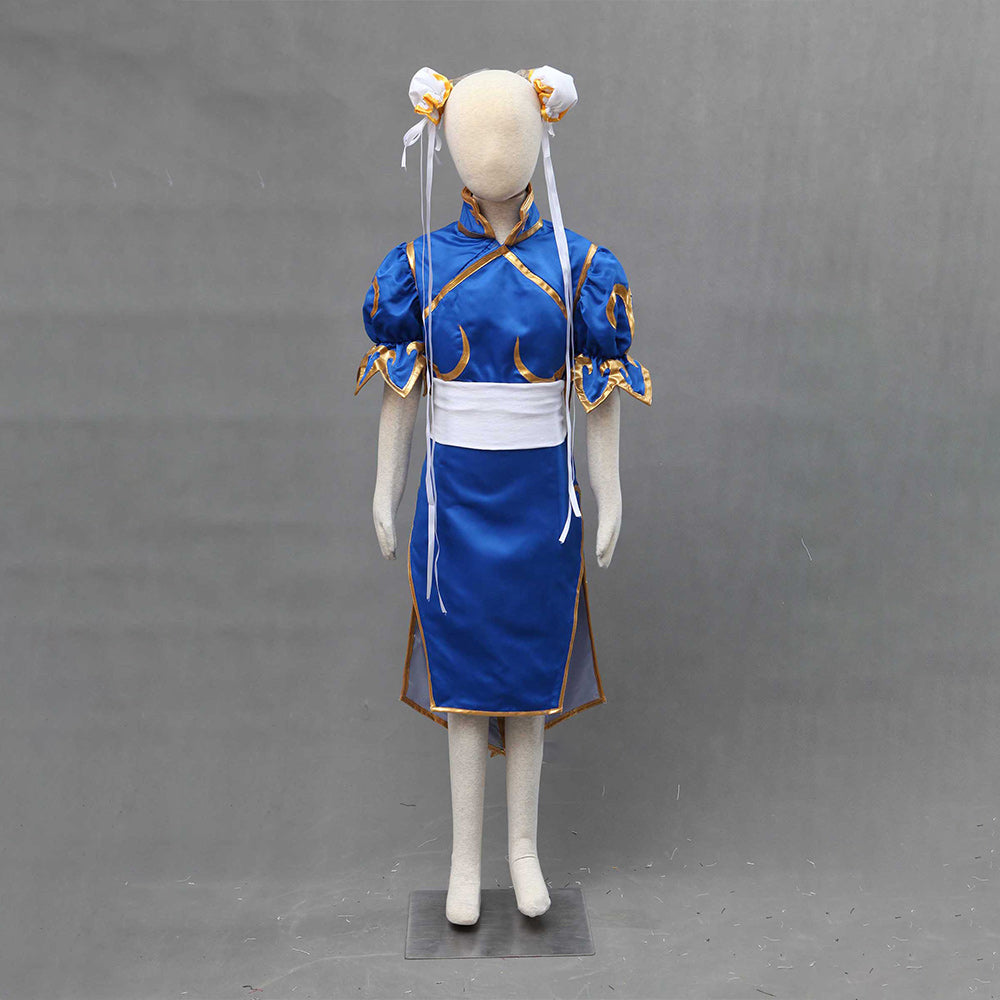 Street Fighter Costume Chun Li Cosplay Blue Dress with Accessories for Women and Kids