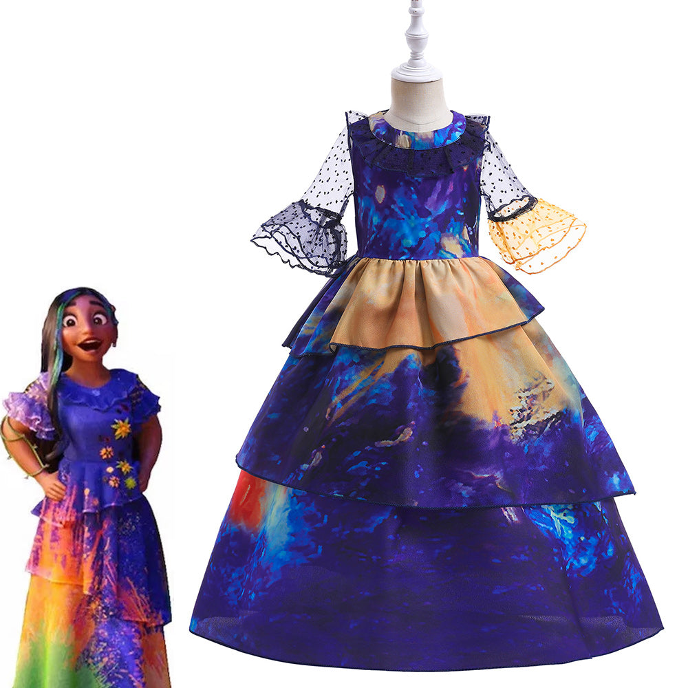 Encanto Costume Isabella Cosplay Translucent Short Sleeves Blue Dress for Kids