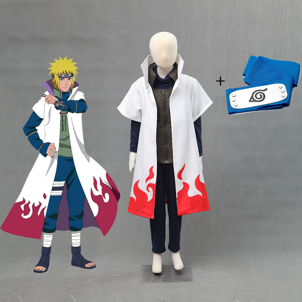 Naruto Costume 4th Hokage Namikaze Minato Cosplay Cloak with Blue Headband for Men and Kids