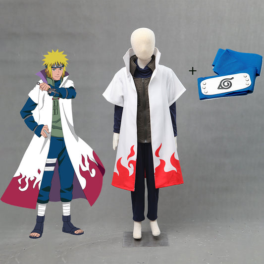Naruto Costume 4th Hokage Namikaze Minato Cosplay Cloak with Blue Headband for Men and Kids