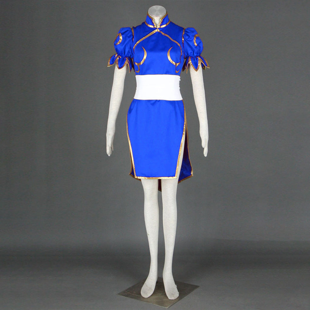 Street Fighter Costume Chun Li Cosplay Blue Dress with Accessories for Women and Kids