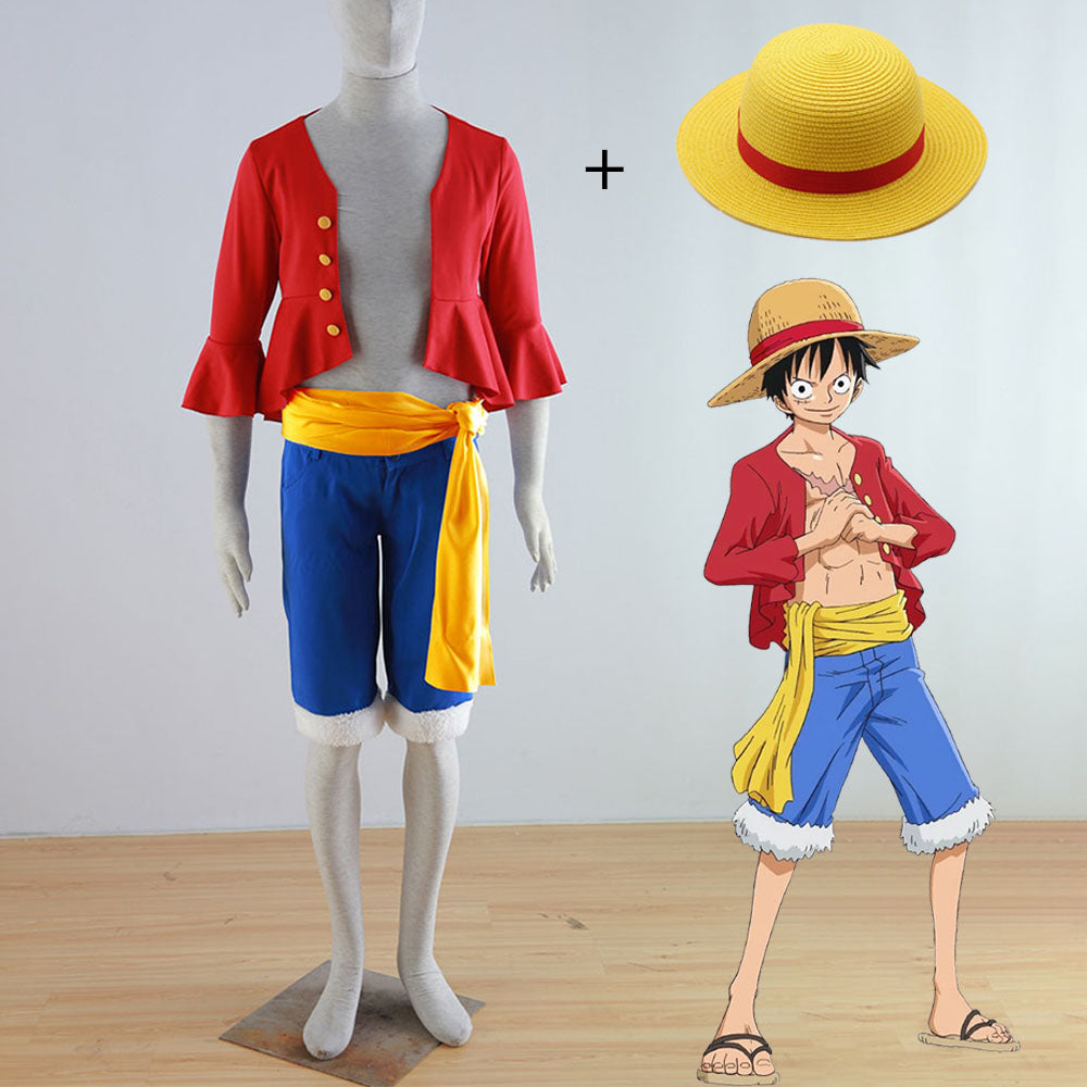 One Piece Costumes Monkey D Luffy Cosplay Set with Hat for Men and Kids