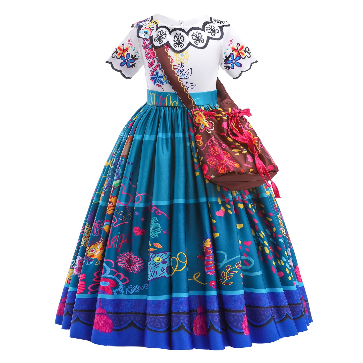Girls Encanto Costume Mirabel Cosplay Short Sleeves Floral Dress with Bag for Kids